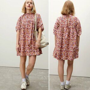Everlane Shirred Yoke Mini Dress (Size S) Brown Floral 100% Cotton